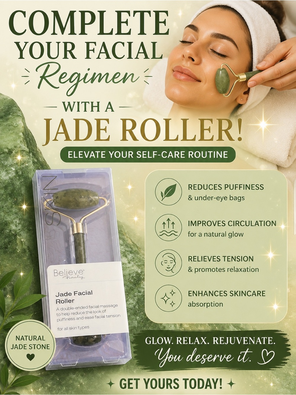 Believe Beauty Jade Facial Roller - Green